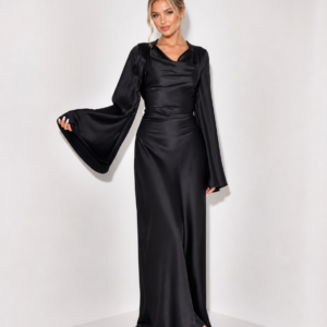 Robe longue élégante satinée à nouer derrière le dos – Manches longues évasées