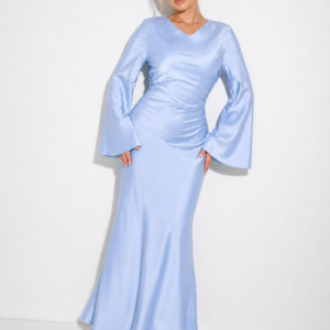 Robe satinée longue à nouer dans le dos manches longues évasées – Robe élégante soirée