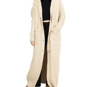 Cardigan Long-Gilet ivoire en Grosse Maille avec Capuche et Poches