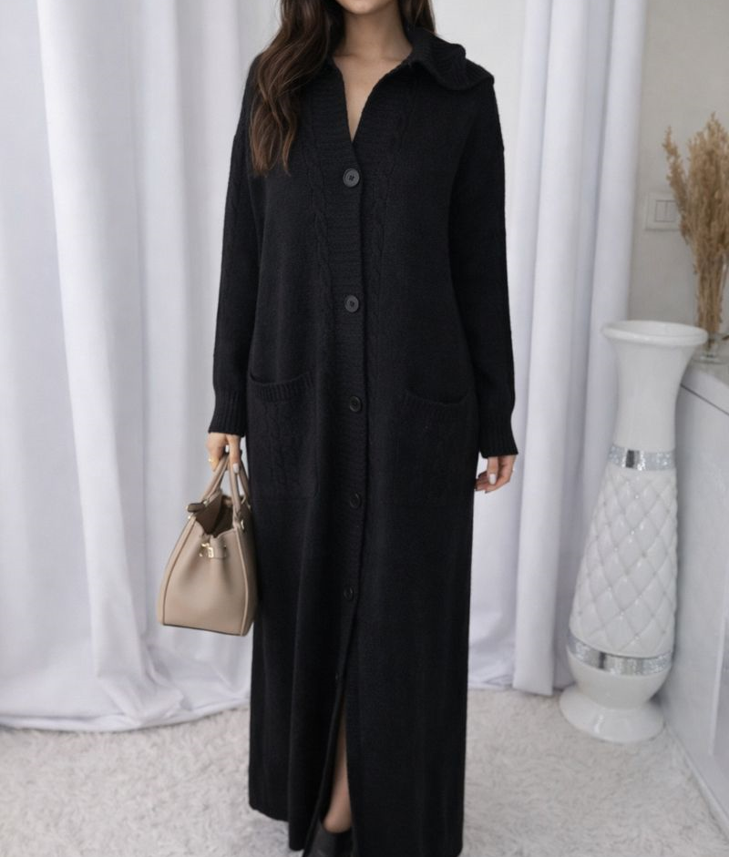 Gilet long noir en Maille avec Capuche et poches