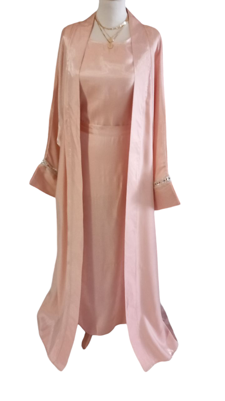 Robe Longue Satinée + Gilet Deux Pièces – Rose saumon – Image 3