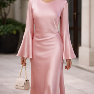 Robe Longue satinée rose, Robe de soirée ajustable