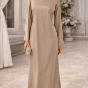 Robe longue satinée taupe, Robe de soirée manches longues évasées