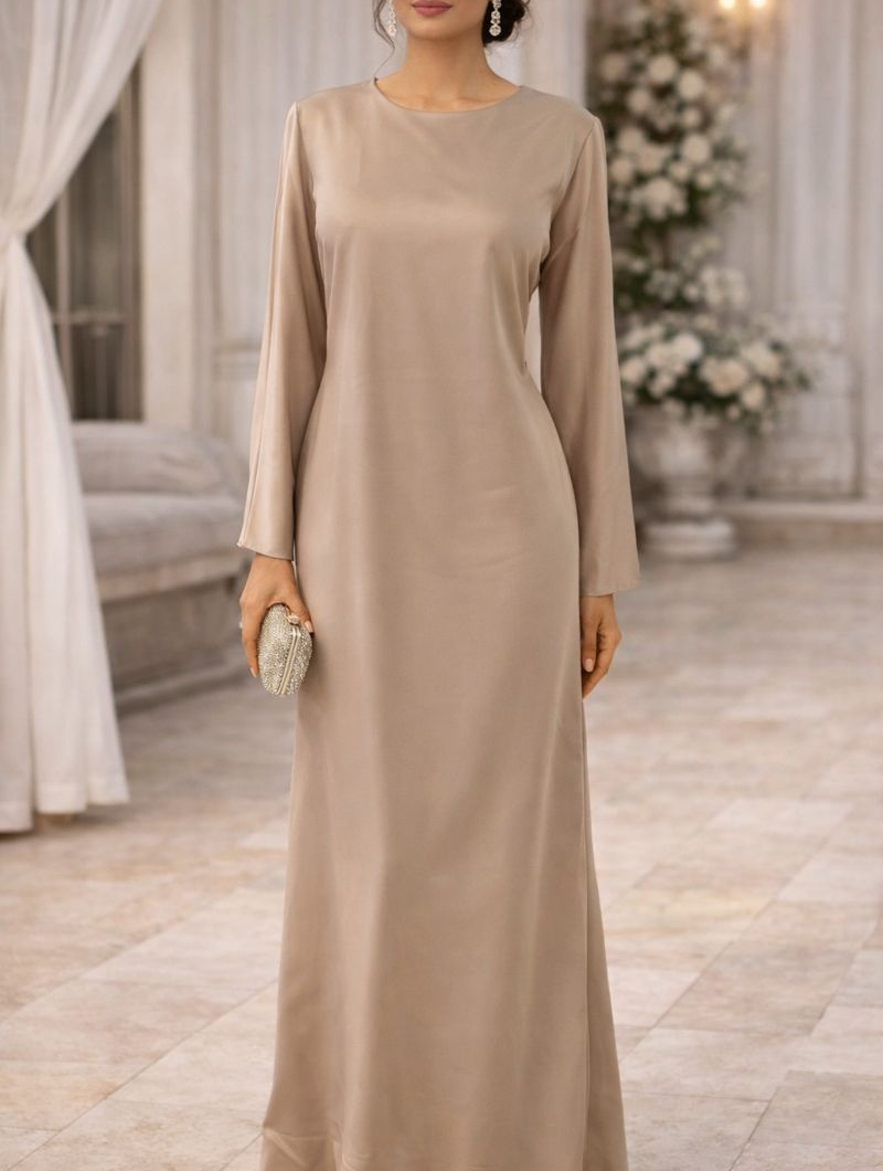 Robe longue satinée taupe, Robe de soirée manches longues évasées