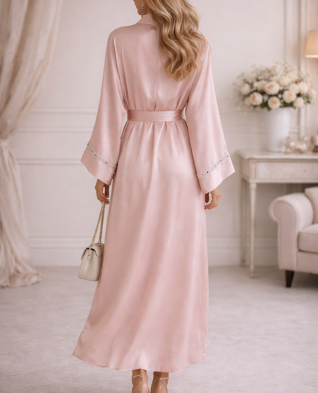 Robe Longue Satinée + Gilet Deux Pièces – Rose saumon – Image 2