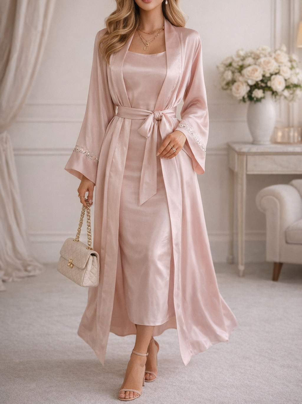 Robe Longue Satinée + Gilet Deux Pièces – Rose saumon