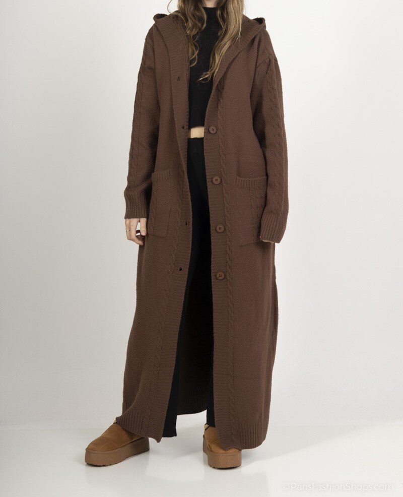 Gilet long femme à capuche – maille épaisse douce, style cocooning automne hiver Cardigan oversize boutonné – gilet long chaud avec poches, look chic et confortable