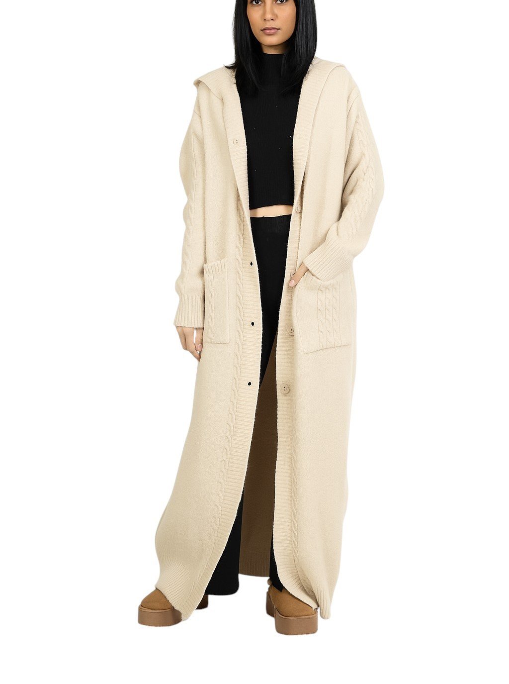 Gilet long femme à capuche – maille épaisse douce, style cocooning automne hiver Cardigan oversize boutonné – gilet long chaud avec poches, look chic et confortable – Image 3