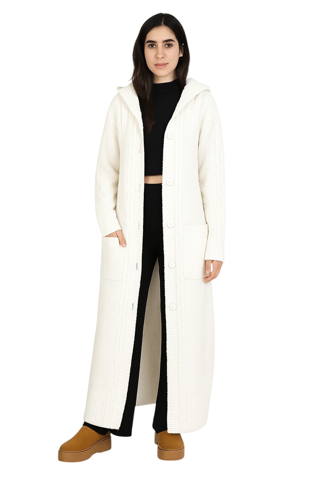 Gilet long femme à capuche – maille épaisse douce, style cocooning automne hiver Cardigan oversize boutonné – gilet long chaud avec poches, look chic et confortable – Image 6