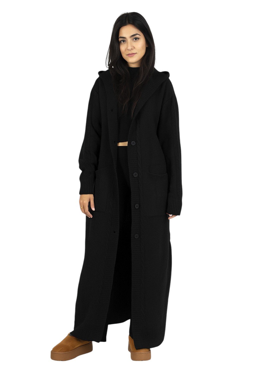 Gilet long femme à capuche – maille épaisse douce, style cocooning automne hiver Cardigan oversize boutonné – gilet long chaud avec poches, look chic et confortable – Image 5