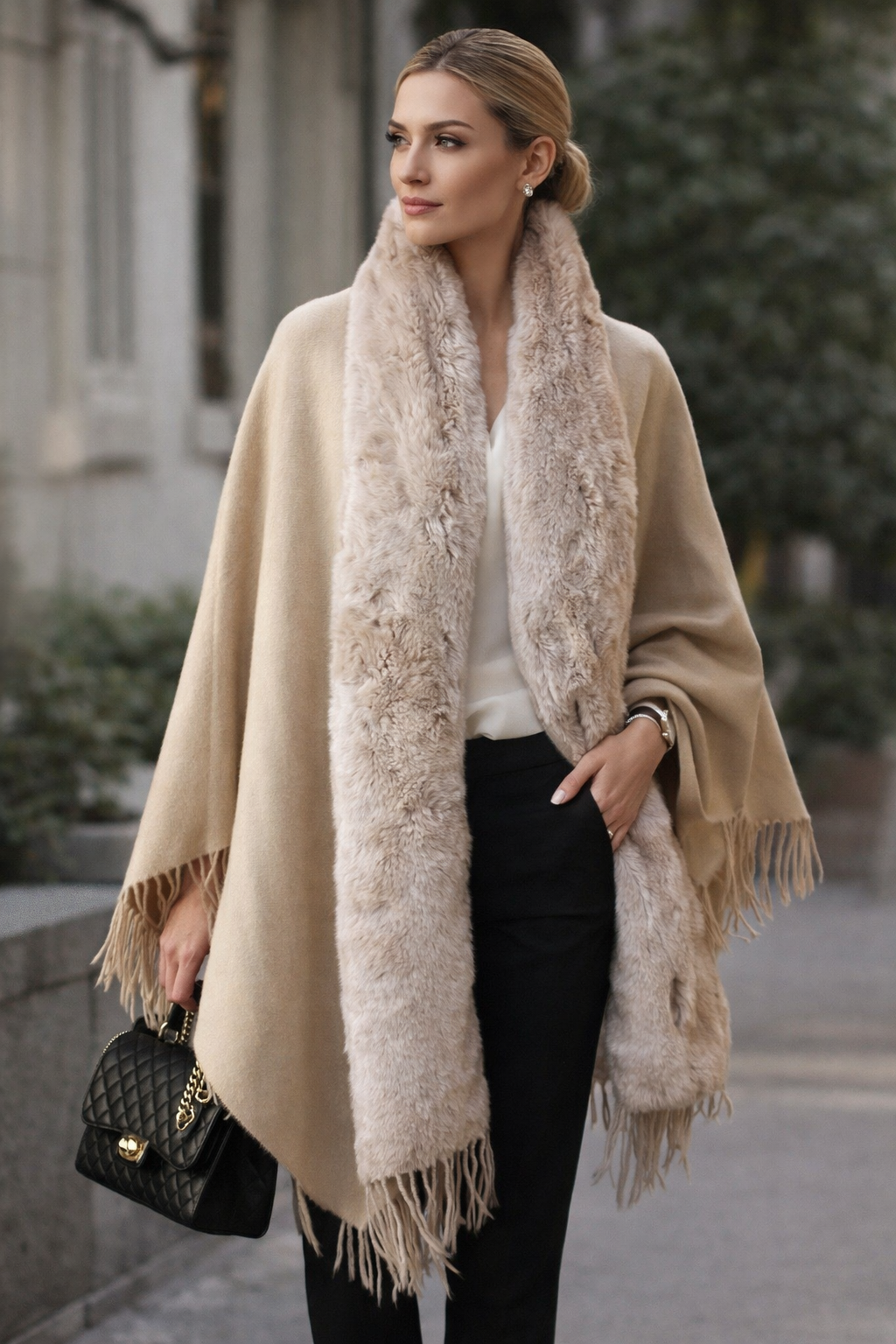 Écharpe Poncho en Fausse Fourrure, Cape en beige