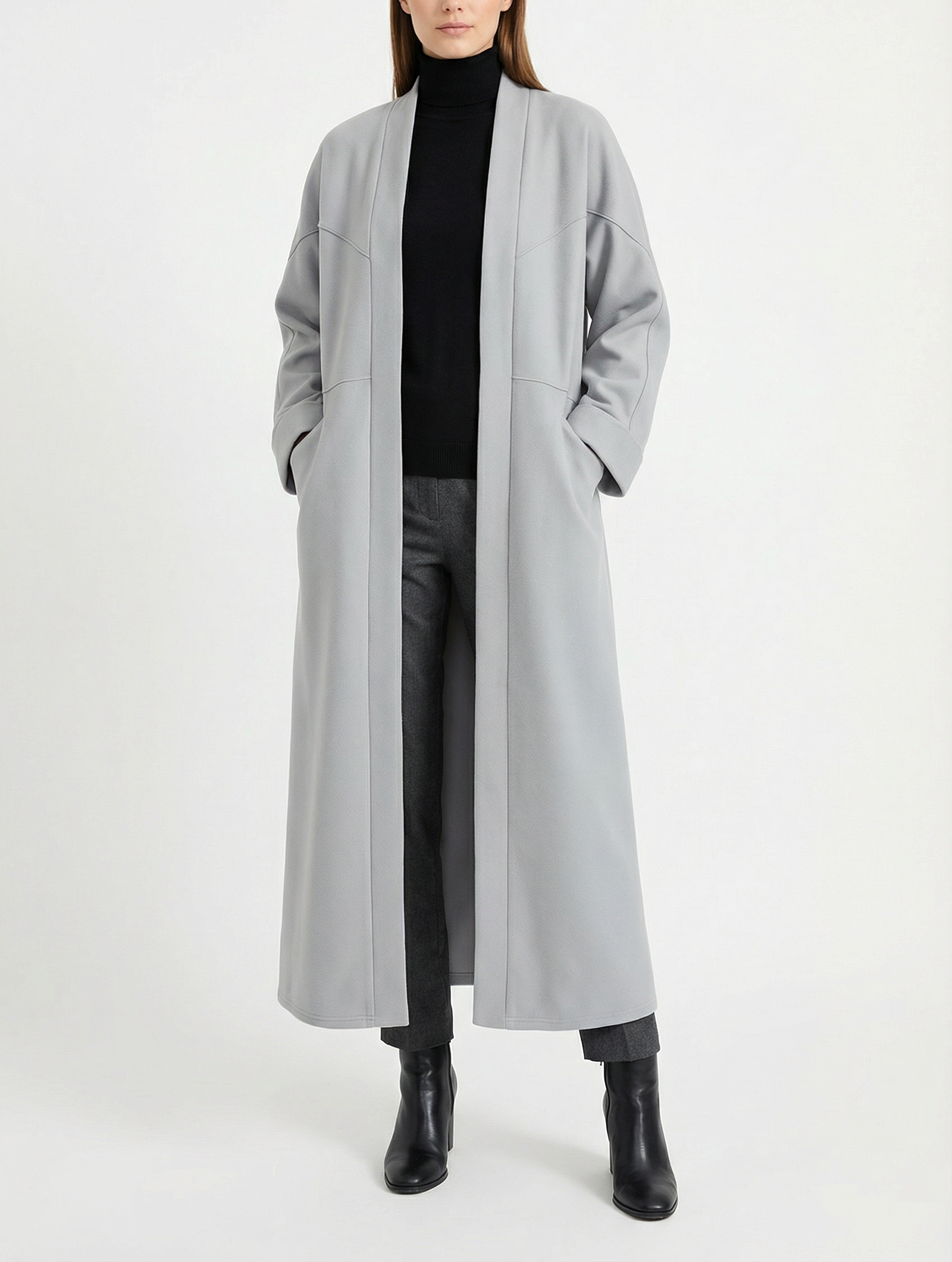 Manteau Long 142 cm Moderne – Gris Femme avec deux poches