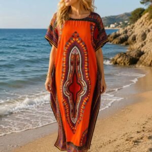 Robe caftan longue style dashiki en coton pour femme