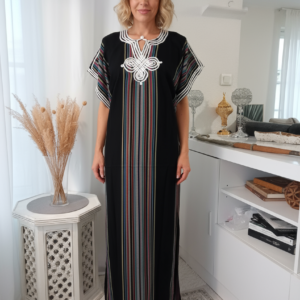 Gandoura à en coton effet lin, Robe longue de plage, kaftan noir