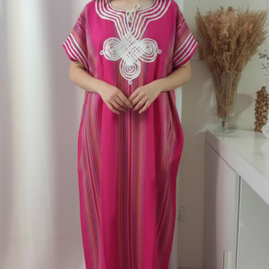 Gandoura marocaine en coton effet lin , Robe longue à rayures