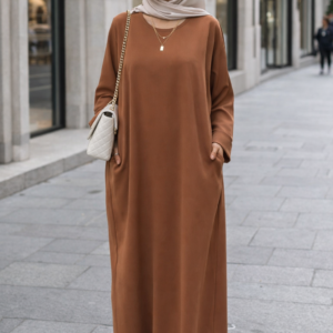 Robe abaya femme musulmane simple avec poches – Coloris rouille