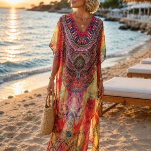 Robe Longue Rose fuchsia multicolore   avec Strass – Caftan Élégant Femme pour Plage et Maison