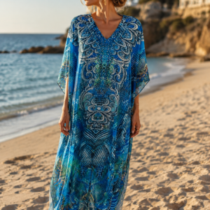 Robe Longue Bleu  multicolore   avec Strass – Caftan Élégant Femme pour Plage et Maison