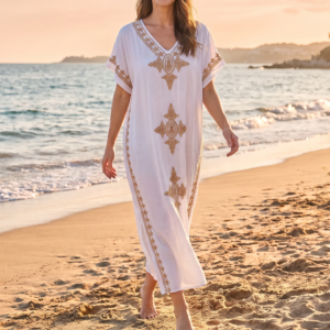 Robe Longue Femme Kaftan en Coton Brodé – Taille Unique 36 au 46
