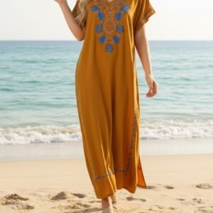 Robe Longue Femme De plage en Coton Brodé – Taille Unique –Camel