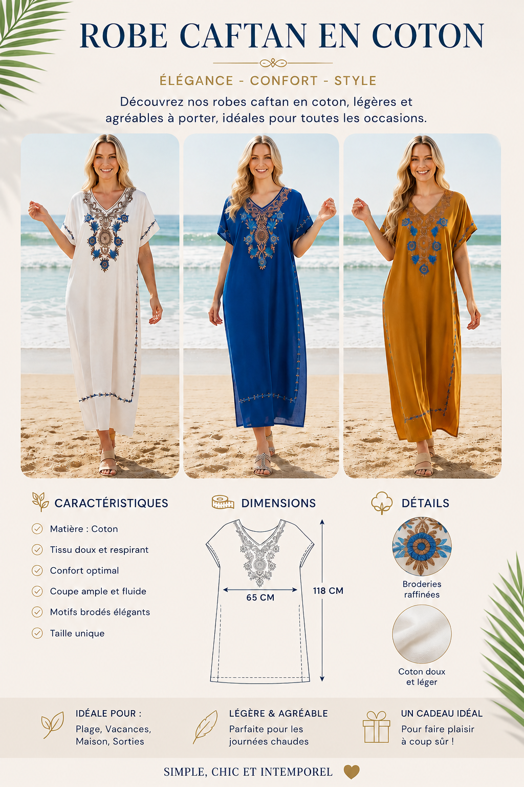 Robe Longue Femme kaftan en Coton Brodé – Taille Unique – Image 6