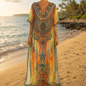 Robe Longue Jaune multicolore avec Strass – Caftan Élégant Femme pour Plage et Maison