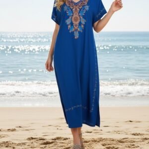 Gandoura Femme Brodée en Coton – Robe Longue Élégante Bleu roi
